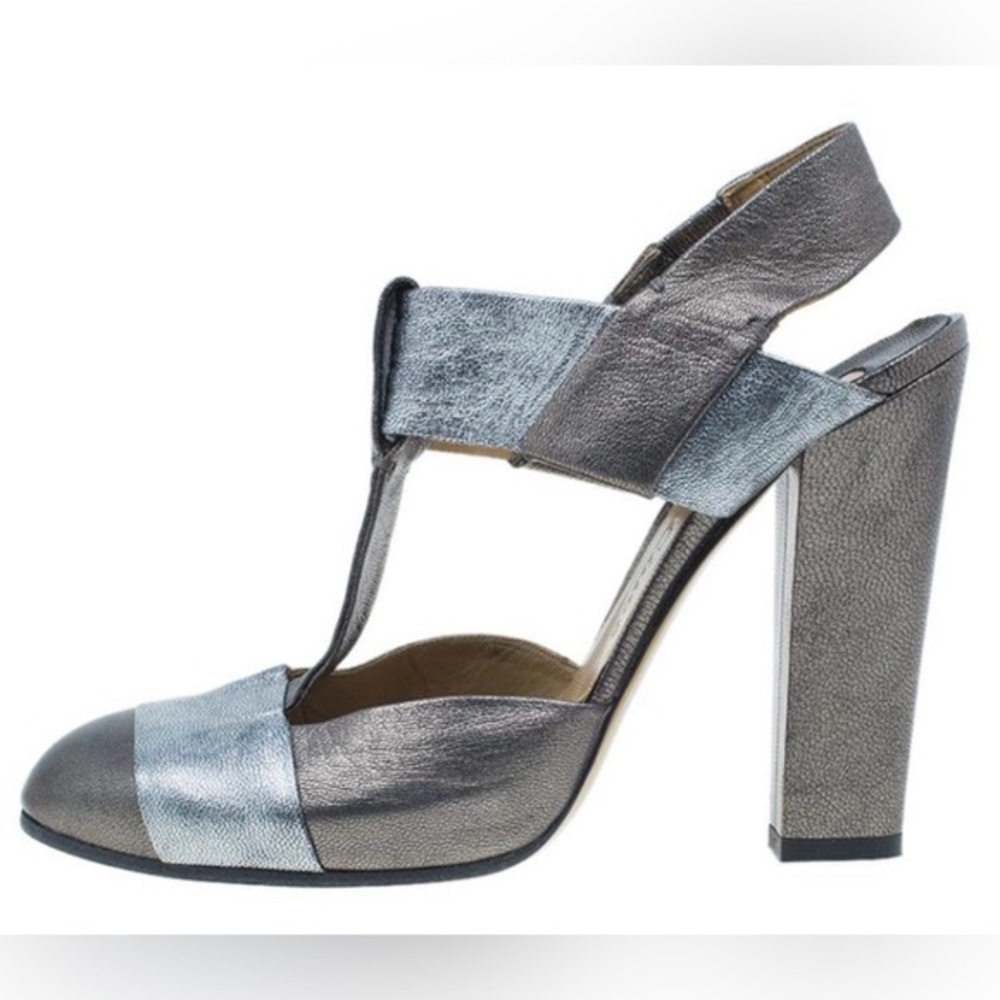 Chloe | metallic leather t strap high heels silver size 36 made in Italy
